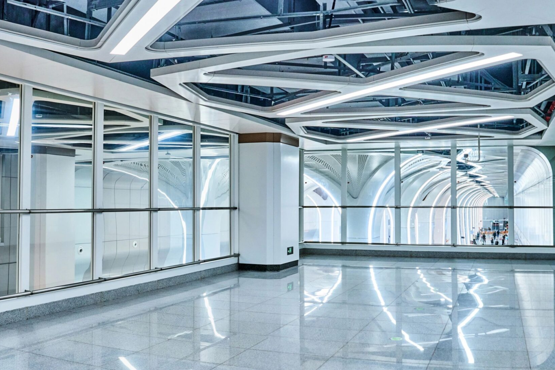 Futuristic hallway with geometric lighting